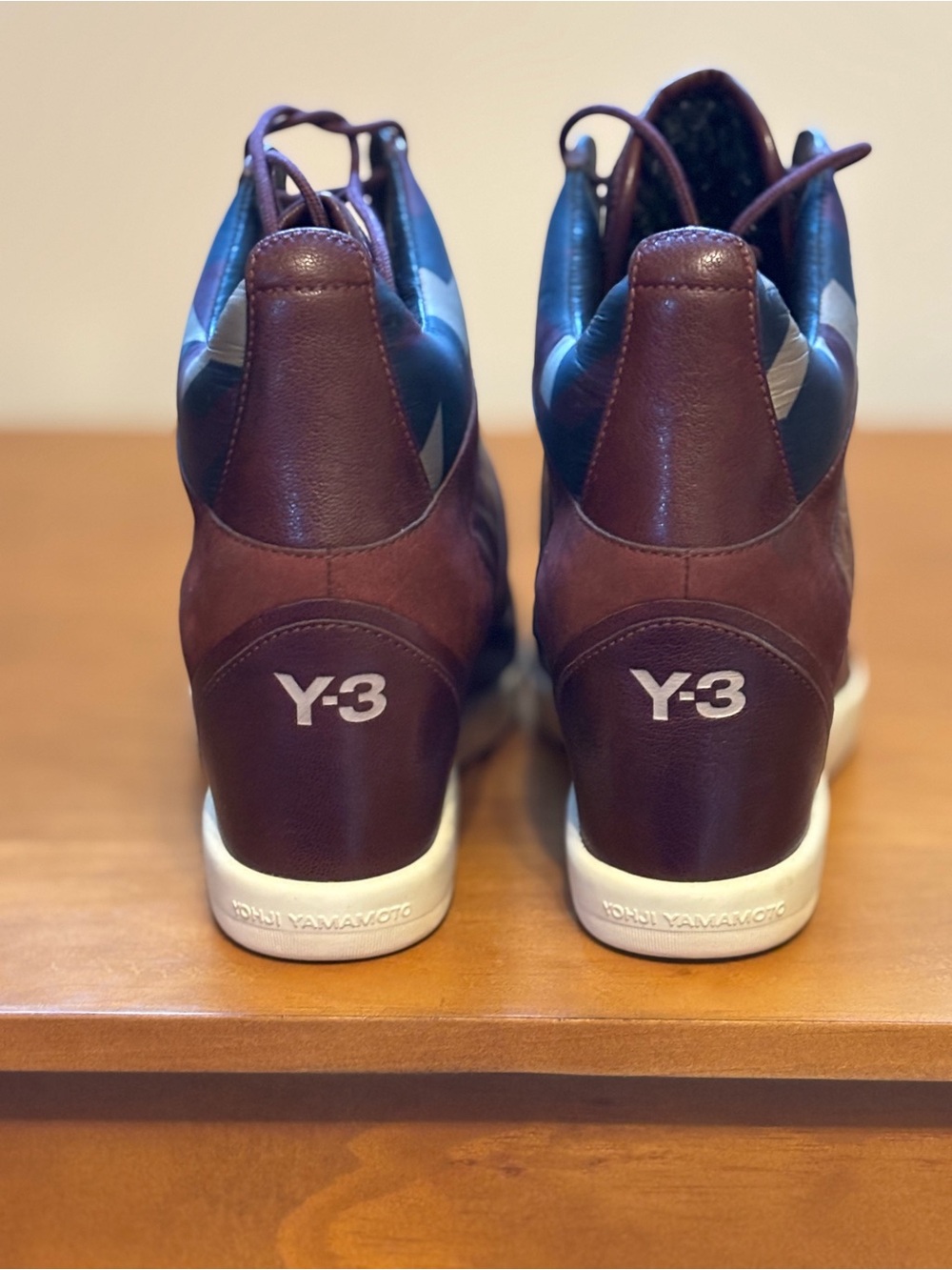 Yohji Yamamoto Burgundy and Navy Geometric High-Top Sneakers - Picture 3 of 5